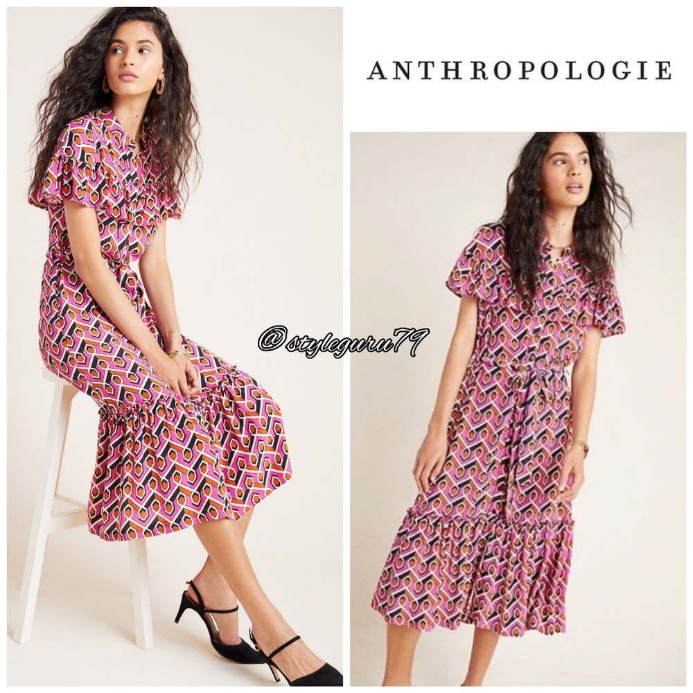 Anthropologie Corey Lynn Calter Annabel Geo Print Belted Flounced Midi Dress